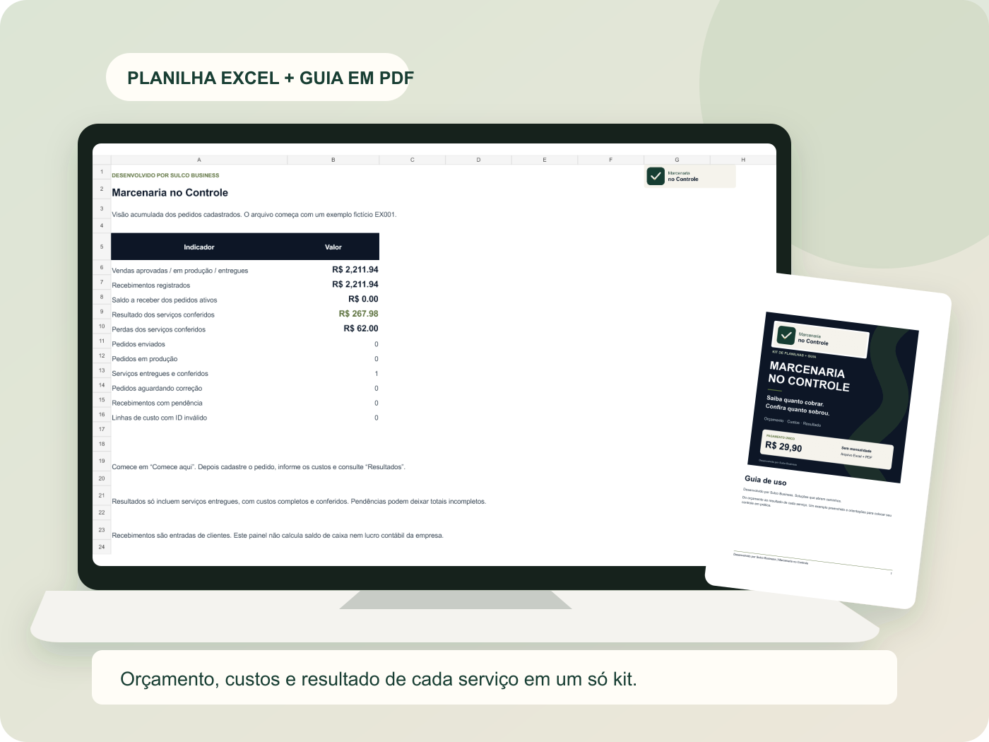 Planilha Marcenaria no Controle em um computador e guia ilustrado ao lado