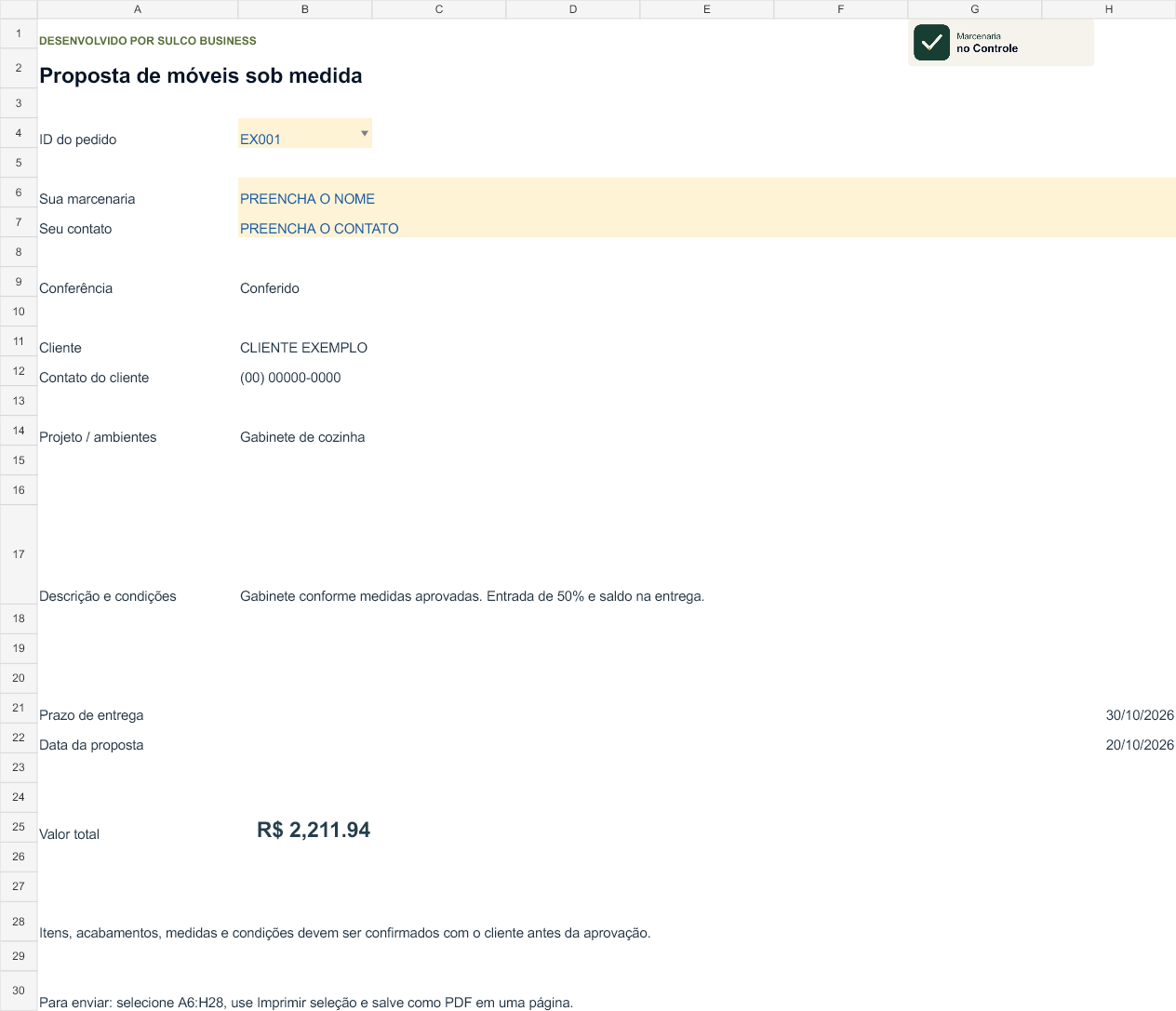 Modelo de proposta para preencher com os dados da marcenaria e enviar ao cliente